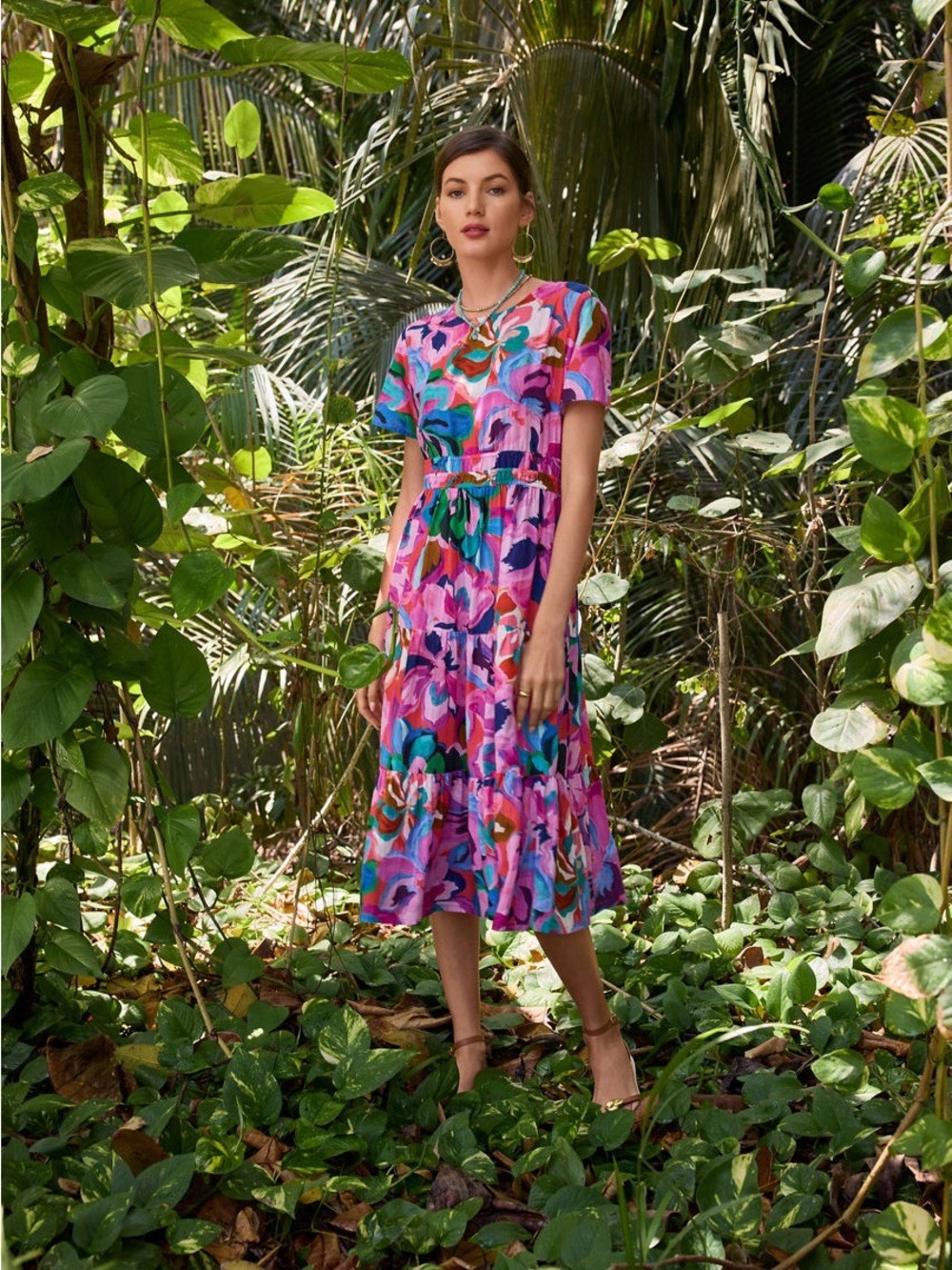 Johnny Was Smocked Tier Dress Womens M Ambre Floral NEW Floral Cotton Midi - Picture 5 of 14